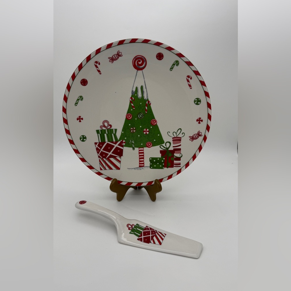 Christmas Holiday 12.5” Large Ceramic Stoneware Vtg. Cake Plate With Spatula